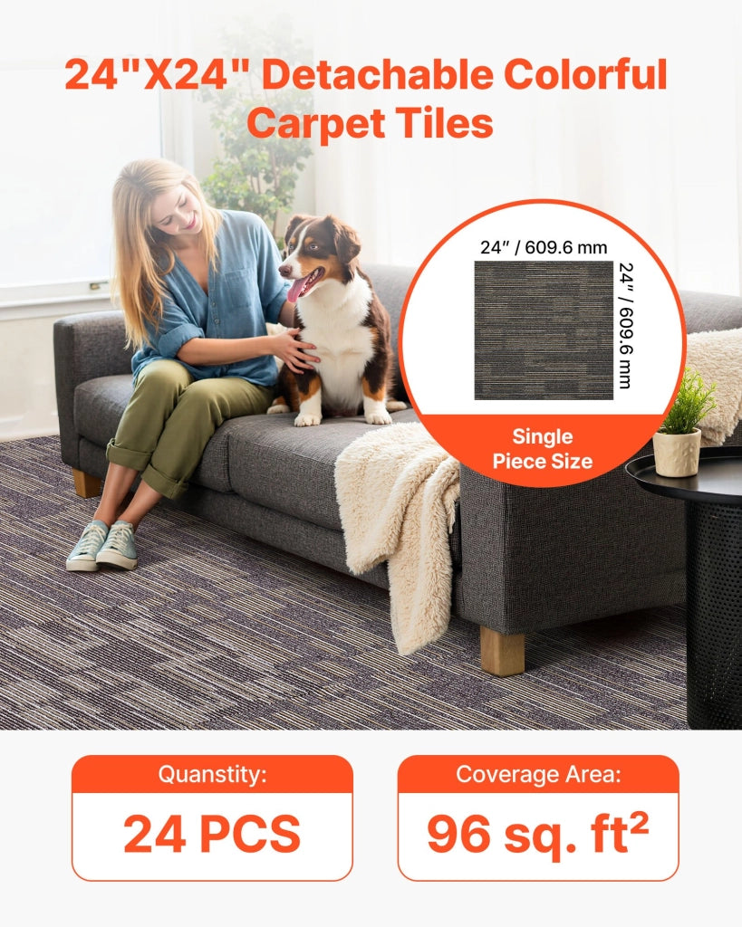 Piastrelle per Moquette Modulari 610x610 mm 24 Pezzi Alps 05 Pavimento in Polipropilene Grigio e Marrone Facile da Montare per Casa