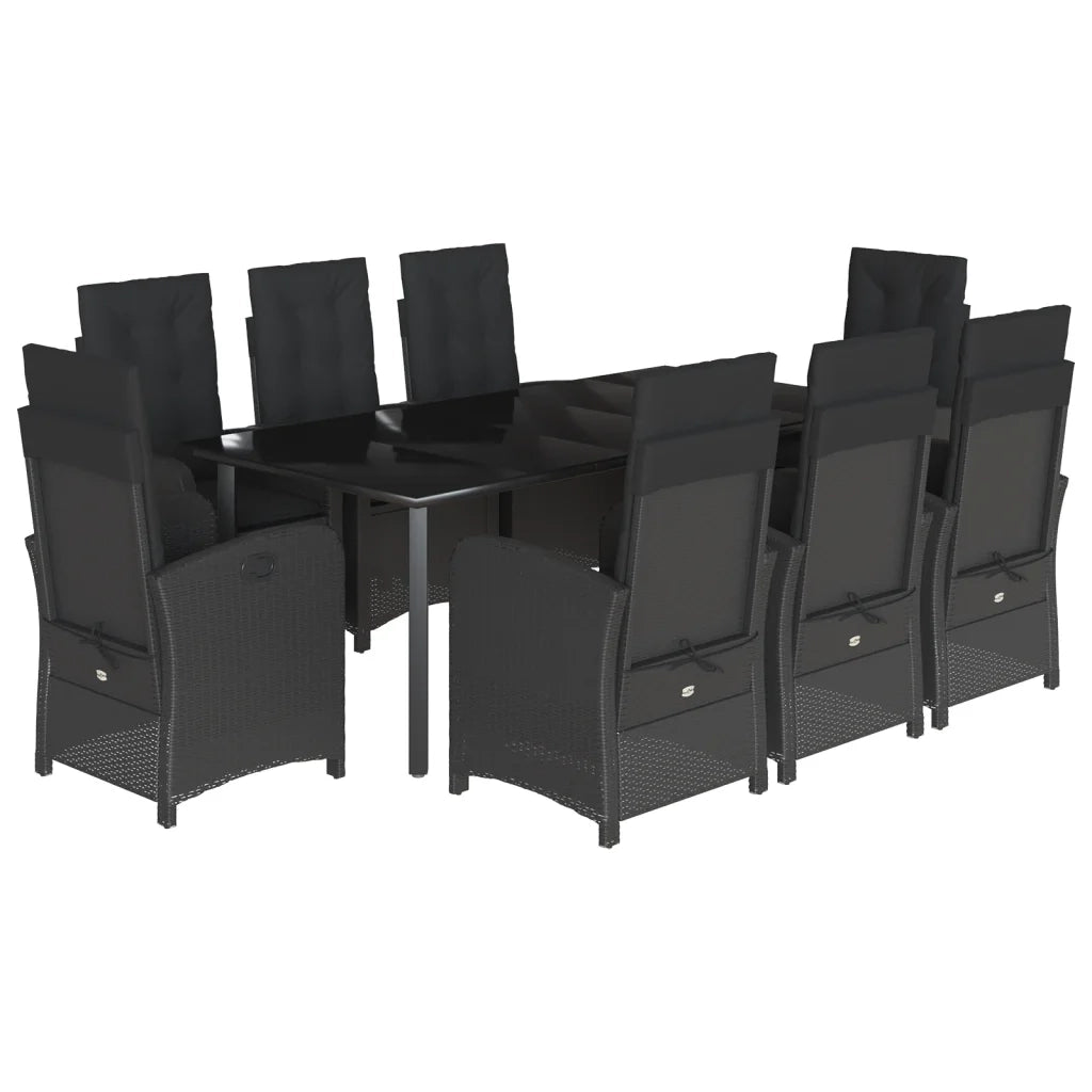 Set da Pranzo da Giardino 9 pz con Cuscini Nero in Polyrattan