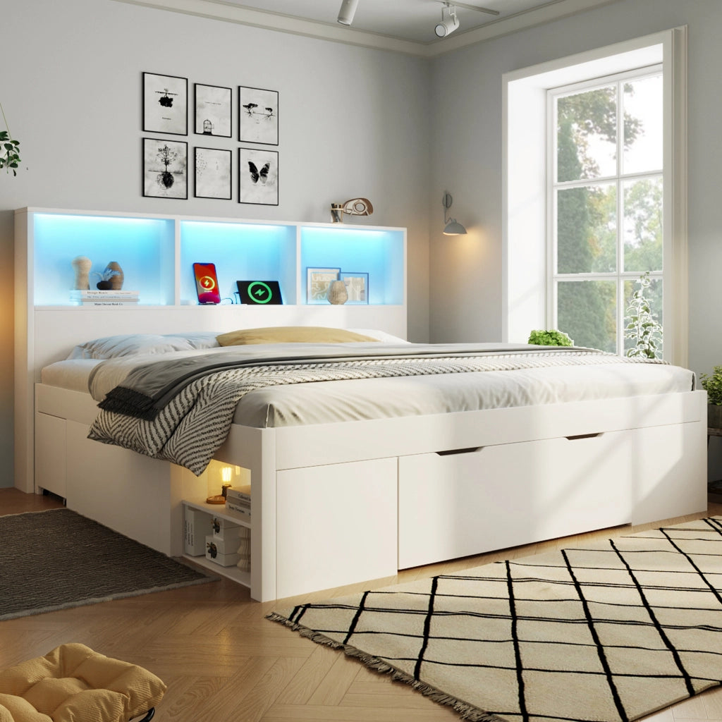 Letto Matrimoniale 140x200 cm; Contenitore; 2 Comodini Mobili; LED; USB Type-C in Legno Bianco