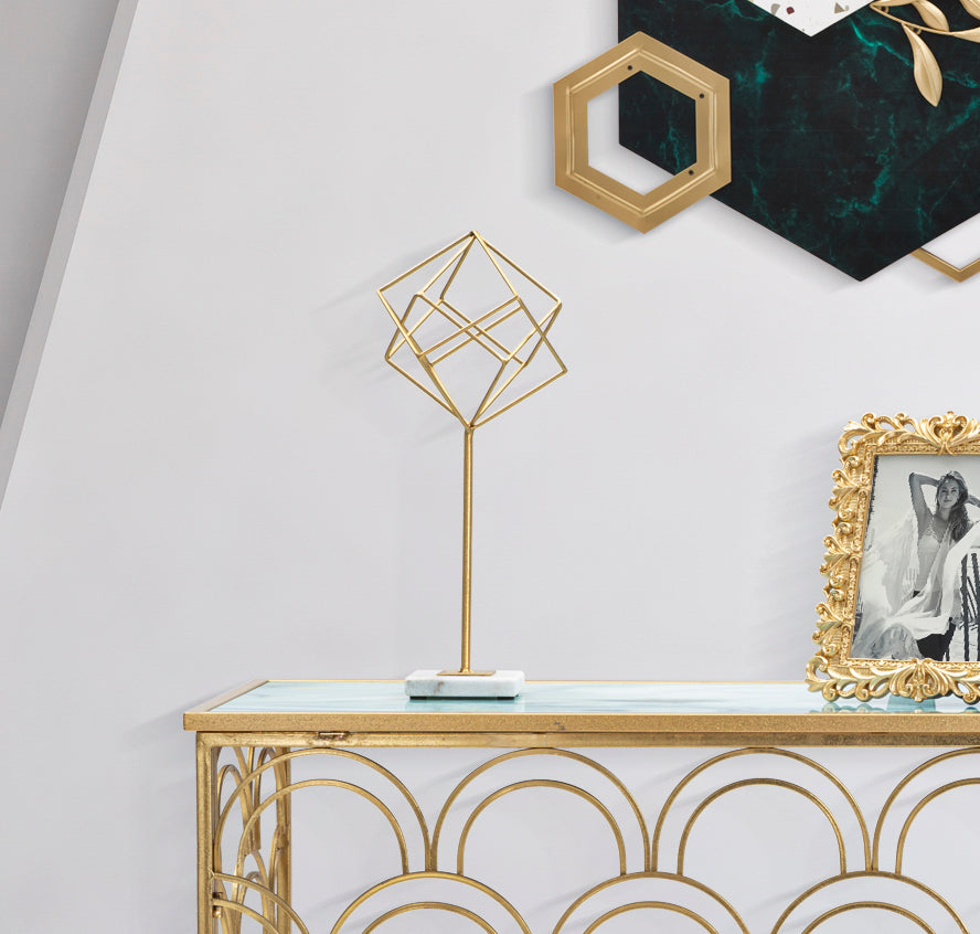 Scultura Cube 16x18x41,5 cm in Ferro e Marmo Oro e Bianco