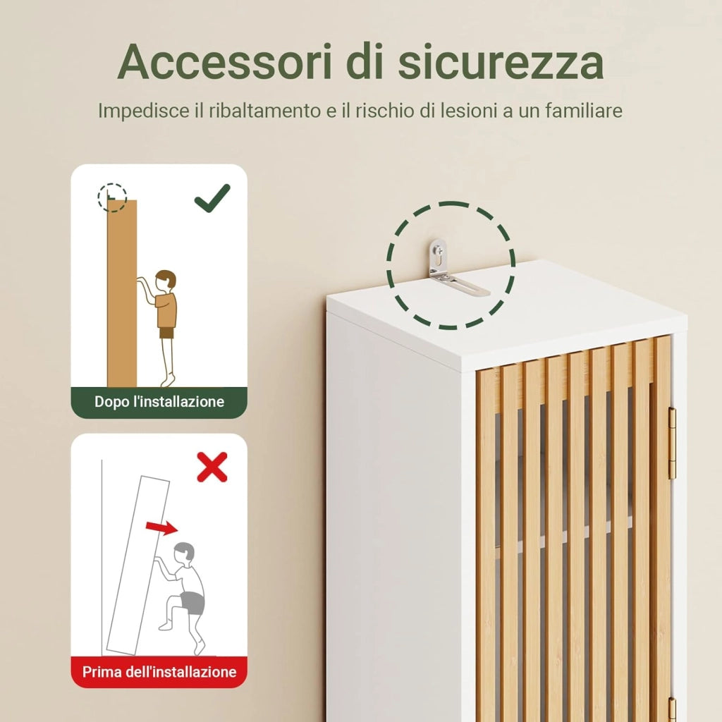 Mobile Bagno Salvaspazio Colonna Armadietto Alto con 6 Ripiani Regolabili, Colonna Bagno con Ante in Bambù, Mobile Alto e Stretto per Piccoli Spazi, Bianco, 20x20x180cm, BZR34-BW