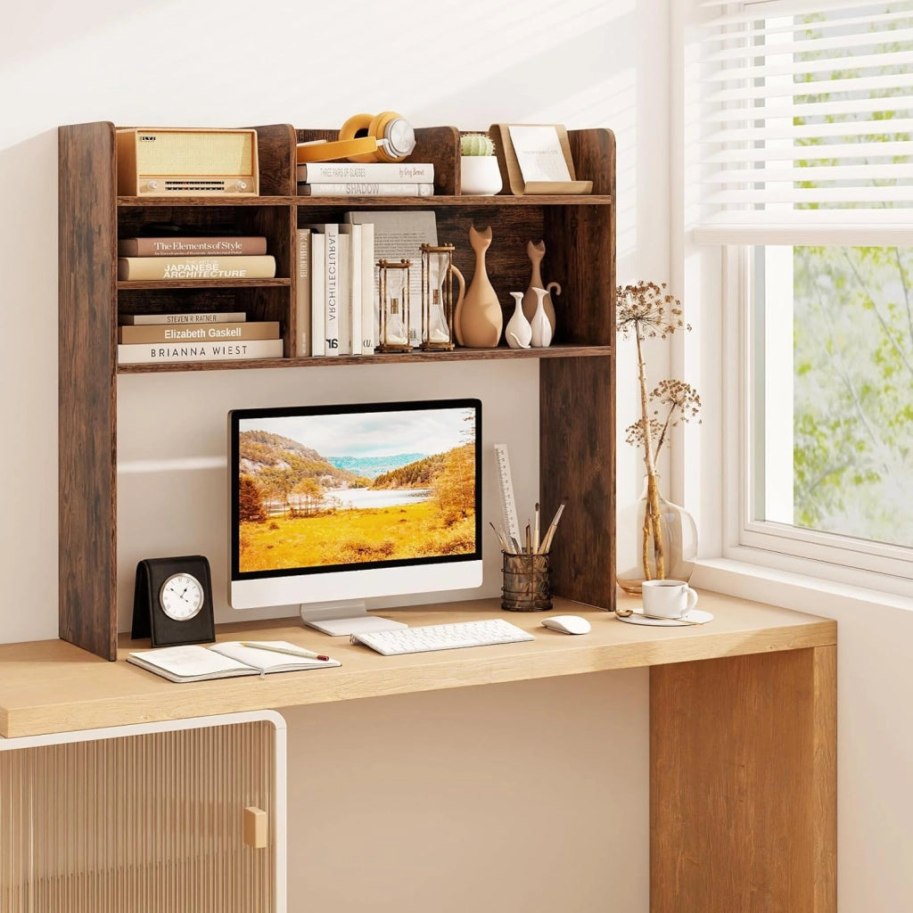 Libreria per schermo del computer, organizzatore in legno con 6 ripiani, scaffale a 3 livelli con 2 dispositivi anti-ribaltamento per ufficio a casa (marrone)
