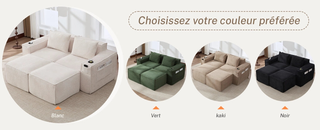 Divano modulare in velluto a coste beige con portabevande e tasche