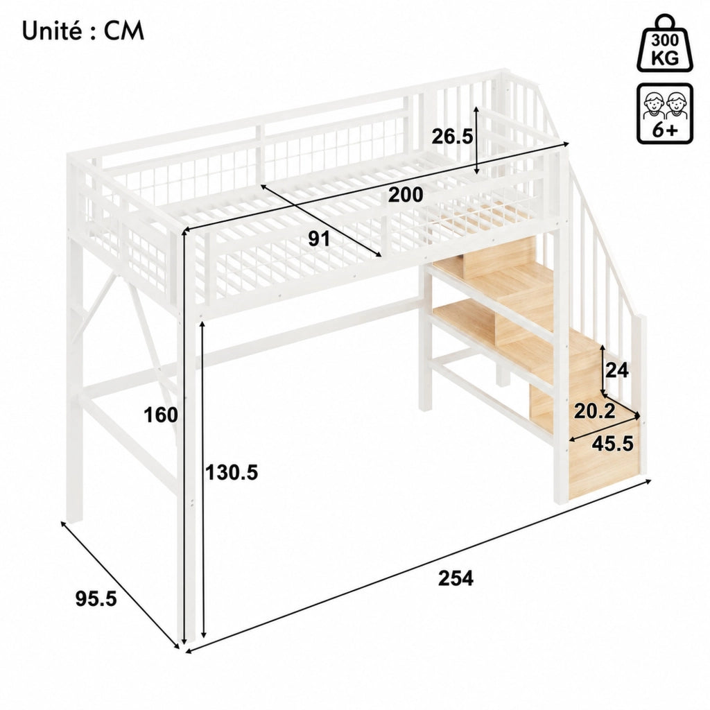 DESMIU Letto a soppalco 1 posto con LED regolabile e scala contenitore, 90 × 200 cm, senza materasso, bianco