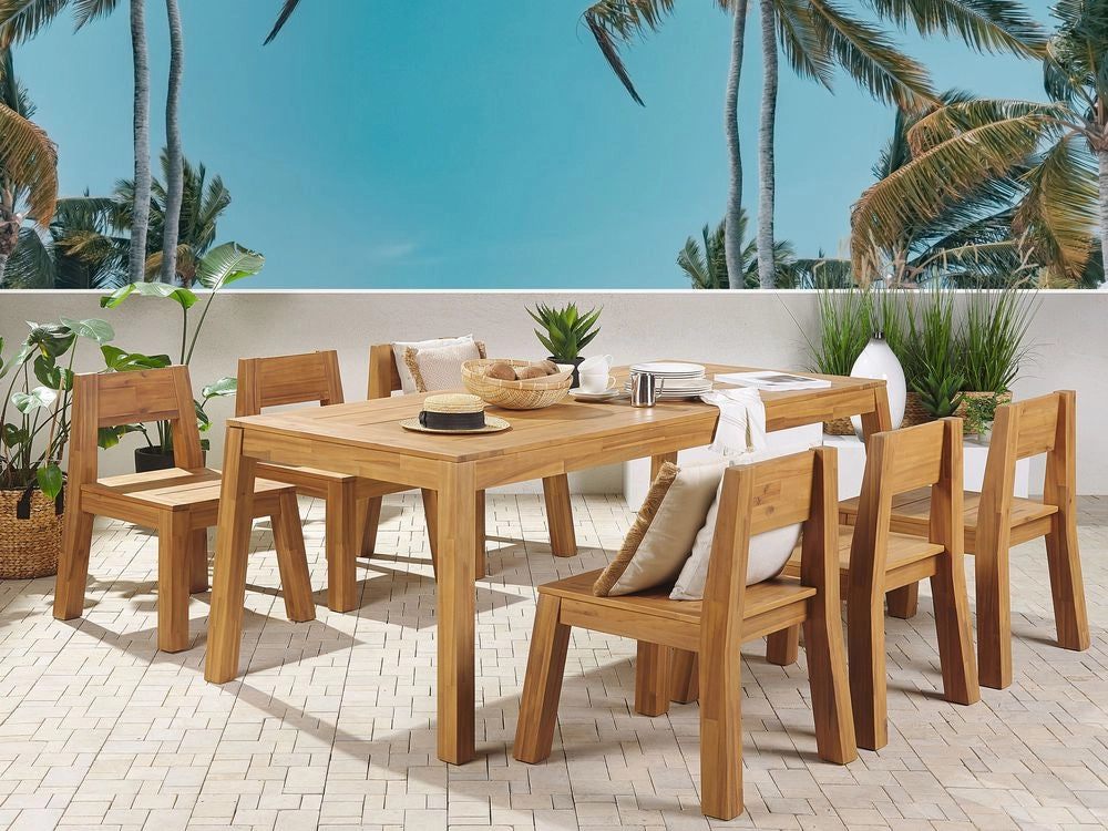 Set da pranzo da giardino 7 pezzi Tavolo rettangolare in legno di acacia laminato chiaro 6 sedie per interni ed esterni in stile rustico