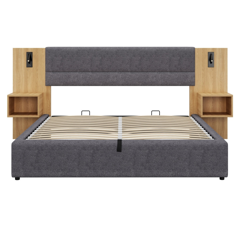 Letto matrimoniale 180x200 cm con contenitore; 2 comodini; USB e luci; in velluto grigio e naturale