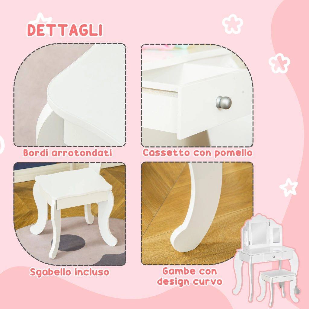 Tavolo da Trucco per Bambini con Sgabello e Triplo Specchio. in Legno e Acrilico. 63x40x85.5 cm. Bianco