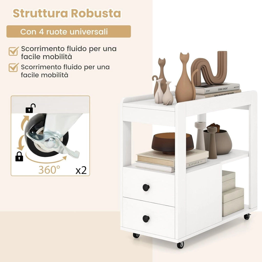 Tavolino da Salotto, Tavolino Moderno Laterale a 2 Cassetti con Ripiani Aperti e Ruote Universali Bloccabili, Tavolo Stretto per Soggiorno, Camera da Letto e Ufficio (Bianco)
