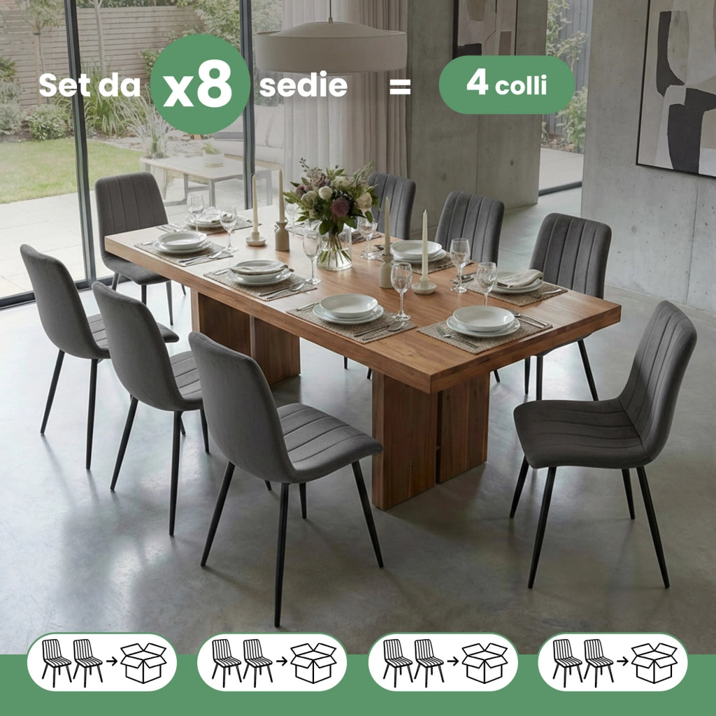 Set di 8 Sedie in velluto trapuntate LIVO Grafite Scuro gambe nere