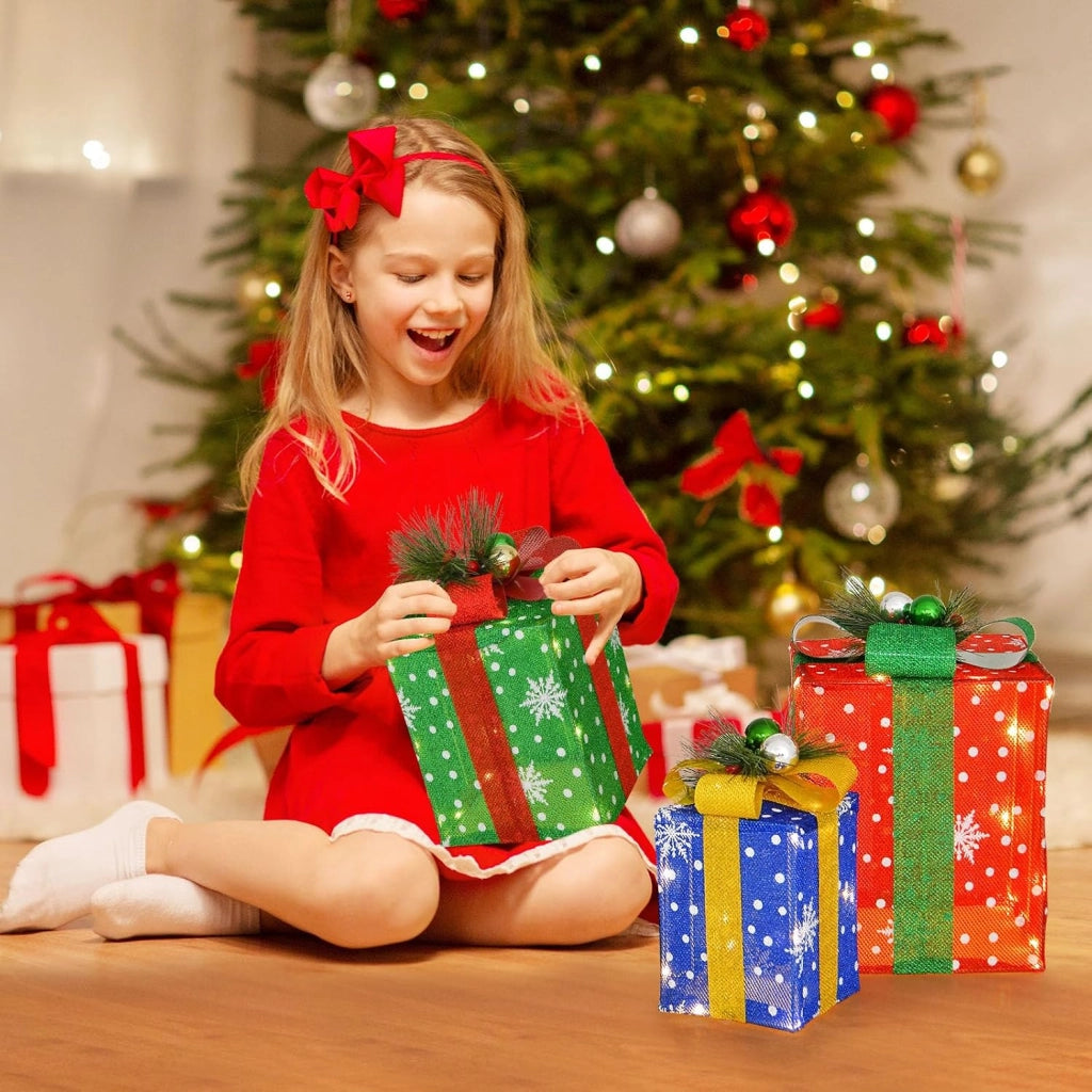 Decorazioni Scatola Regalo di Natale, Set di Scatole Regalo Illuminate, Decorazione Natalizia per Interni ed Esterni con 52 Luci LED per Esterno (Rosso+Verde+Blu)
