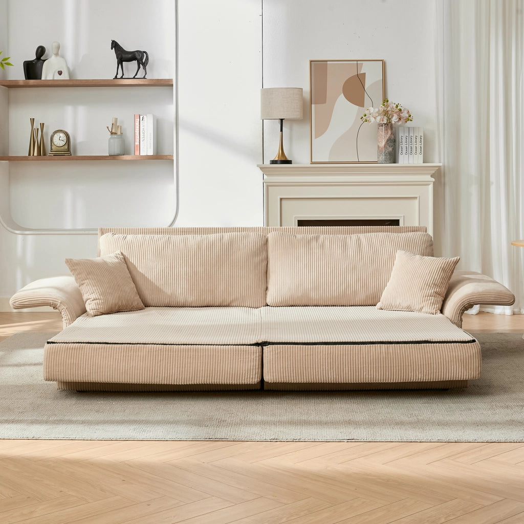 Divano letto 2 posti trasformabile con imbottitura in schiuma e braccioli in legno, velluto a coste beige