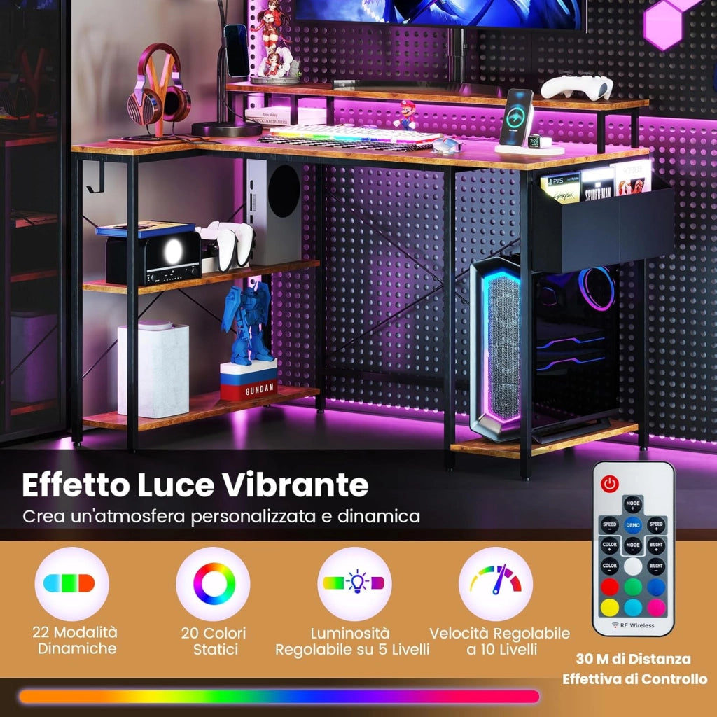 Scrivania Angolare da Gaming, Scrivania Salvaspazio a Forma di L con Luci LED, Stazione di Ricarica, Ripiani e Supporto per Monitor, Scrivania ad Angolo per Casa e Ufficio (Marrone)