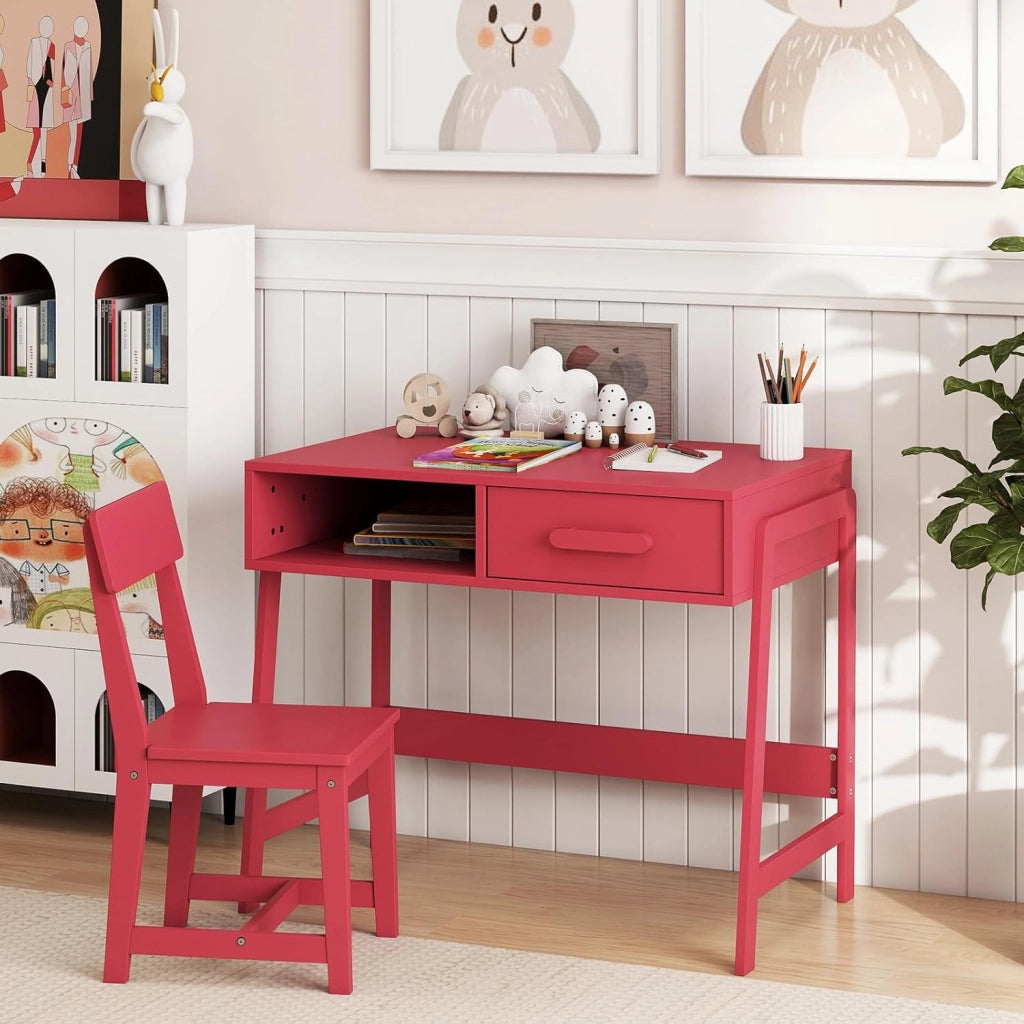 Set Tavolo e Seide per bambini in Legno, Scrivania e Sedia con Cassetto e Scomparto, Tavolino e Sedia per Cameretta, Soggiorno e Scuola (Rosa)