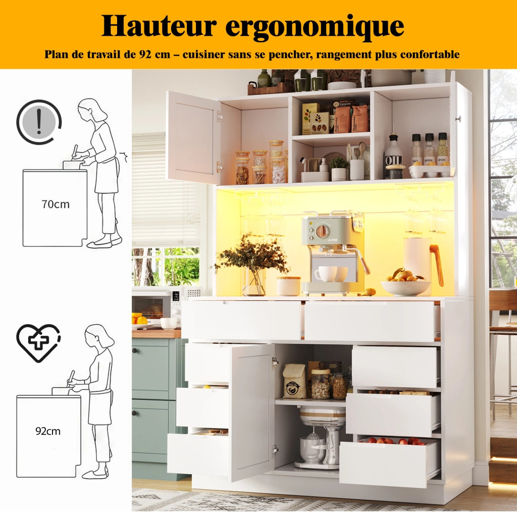 OKWISH Credenza Alta da Cucina con 8 Cassetti, Ripiani Regolabili, LED e Chiusura Magnetica, Bianco, 120×40×183.5 cm