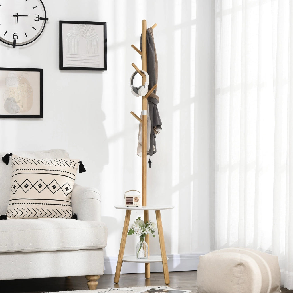 Appendiabiti da Ingresso 39,5x39,5x171 cm 5 Ganci con Tavolino in MDF e Alluminio Legno e Bianco