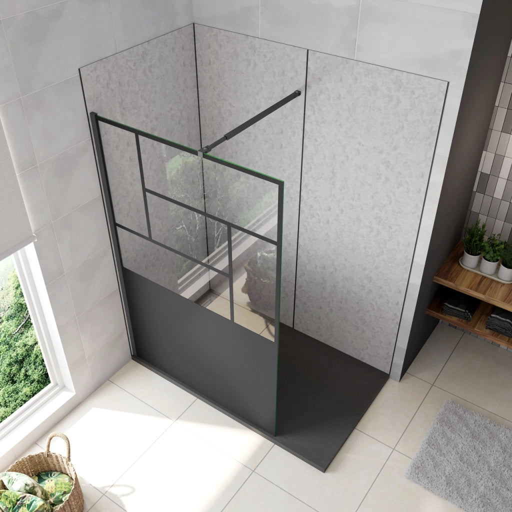 Doccia Walk In Parete Fissa Vetro Temperato 8 mm Anticalcare 120x200cm Semitrasparente Riquadri Nero Serigrafato Barra Stabilizzatrice da 73-120 cm