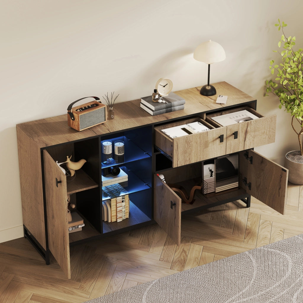 Credenza con 2 ante; ripiano regolabile e illuminazione LED - per soggiorno - 160×40×84.5 cm - naturale