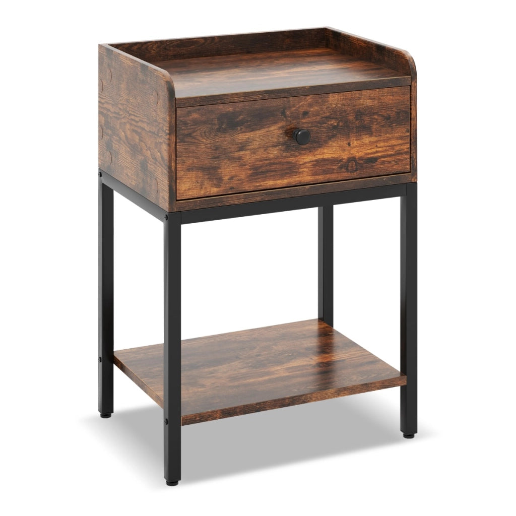 Comodino con cassetto e ripiano aperto, Tavolino stile industriale con telaio in metallo Marrone rustico-Comodini