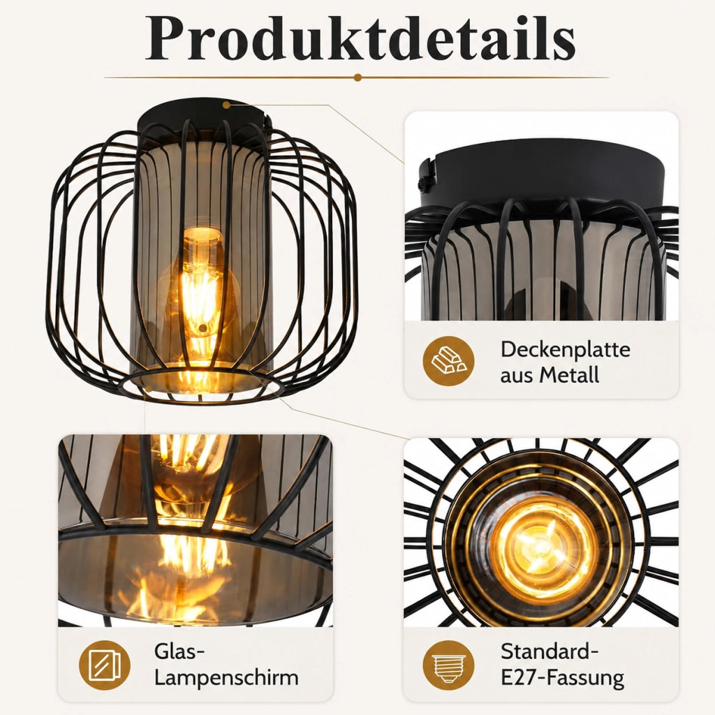 ZMH Lampada a Soffitto Vintage 1 Luce Con Paralume in Vetro E27 Nero Per Ingresso Camera da Letto Senza Lampadine