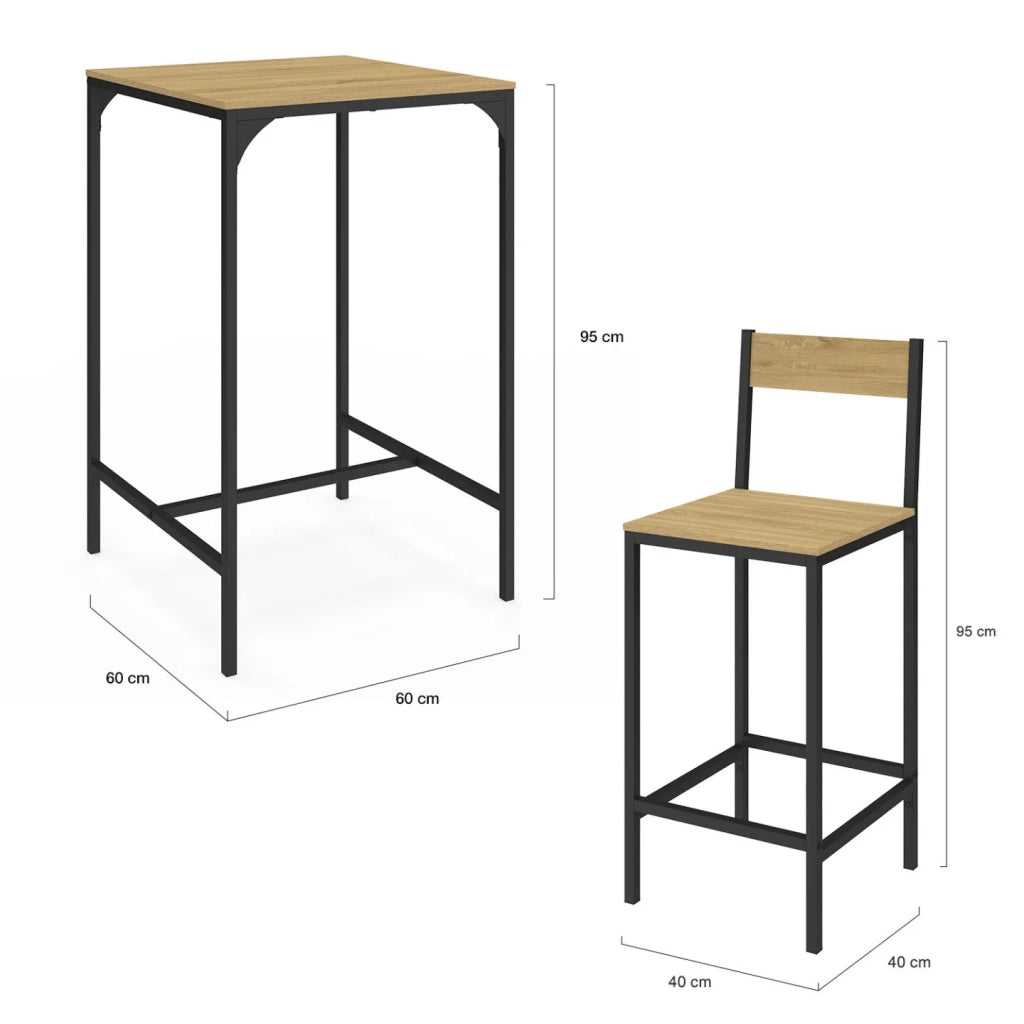 IDMarket - DETROIT Tavolo da bar quadrato da 60 cm e set di 2 sedie da bar di design industriale