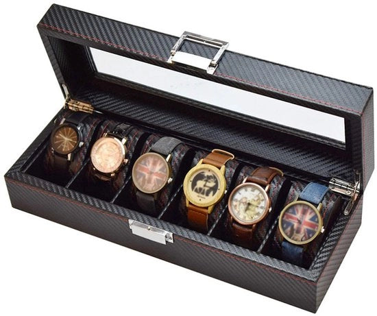 Cassa di Custodia per Orologi con Display e 6 Scomparti in Fibra di Carbonio con Copertura in Vetro