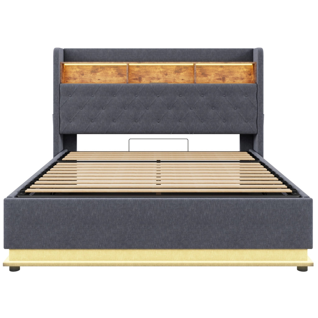 Letto matrimoniale imbottito 180x200 cm con LED; USB e contenitore idraulico; grigio