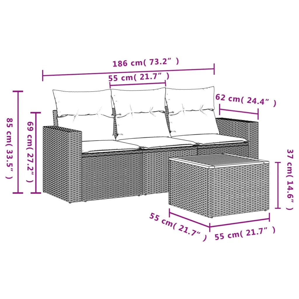 Set Divano da Giardino 4 pz con Cuscini Beige in Polyrattan