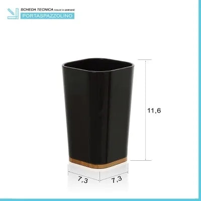Set accessori bagno moderno in finitura nera opaca con dettagli in bambù