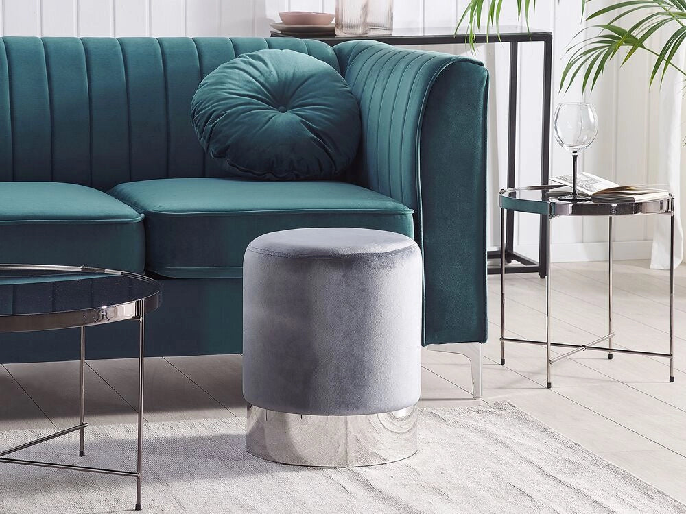 Pouf grigio velluto tappezzeria argento metallizzato fascia stile glamour