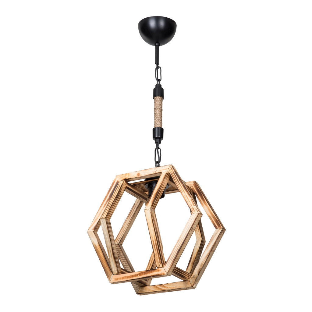 Lampada a Sospensione 'Cheltenham' con Paralume a Gabbia Poligonale in Legno - Naturale [lux.pro]