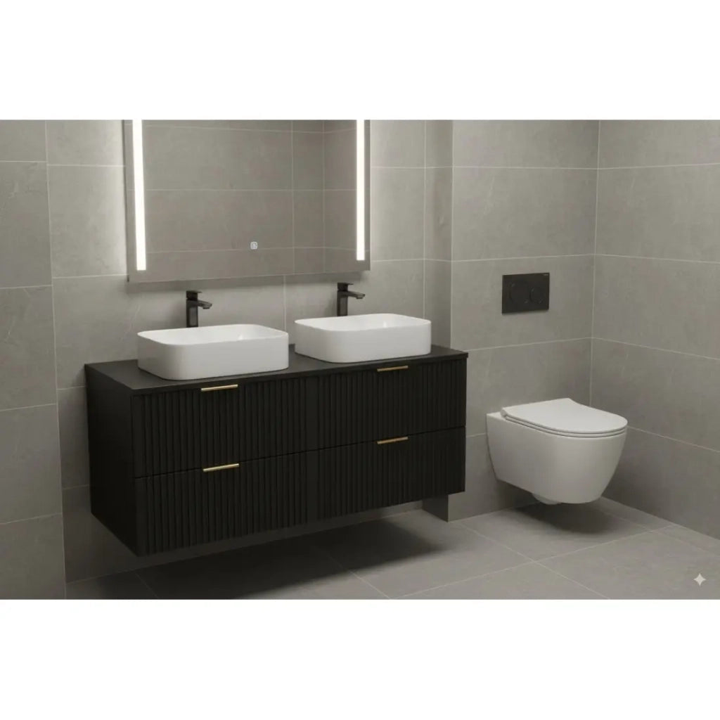 Grande mobile sotto lavabo NOXERA 120 cm – Nero opaco – 4 cassetti + 2 lavabi da appoggio