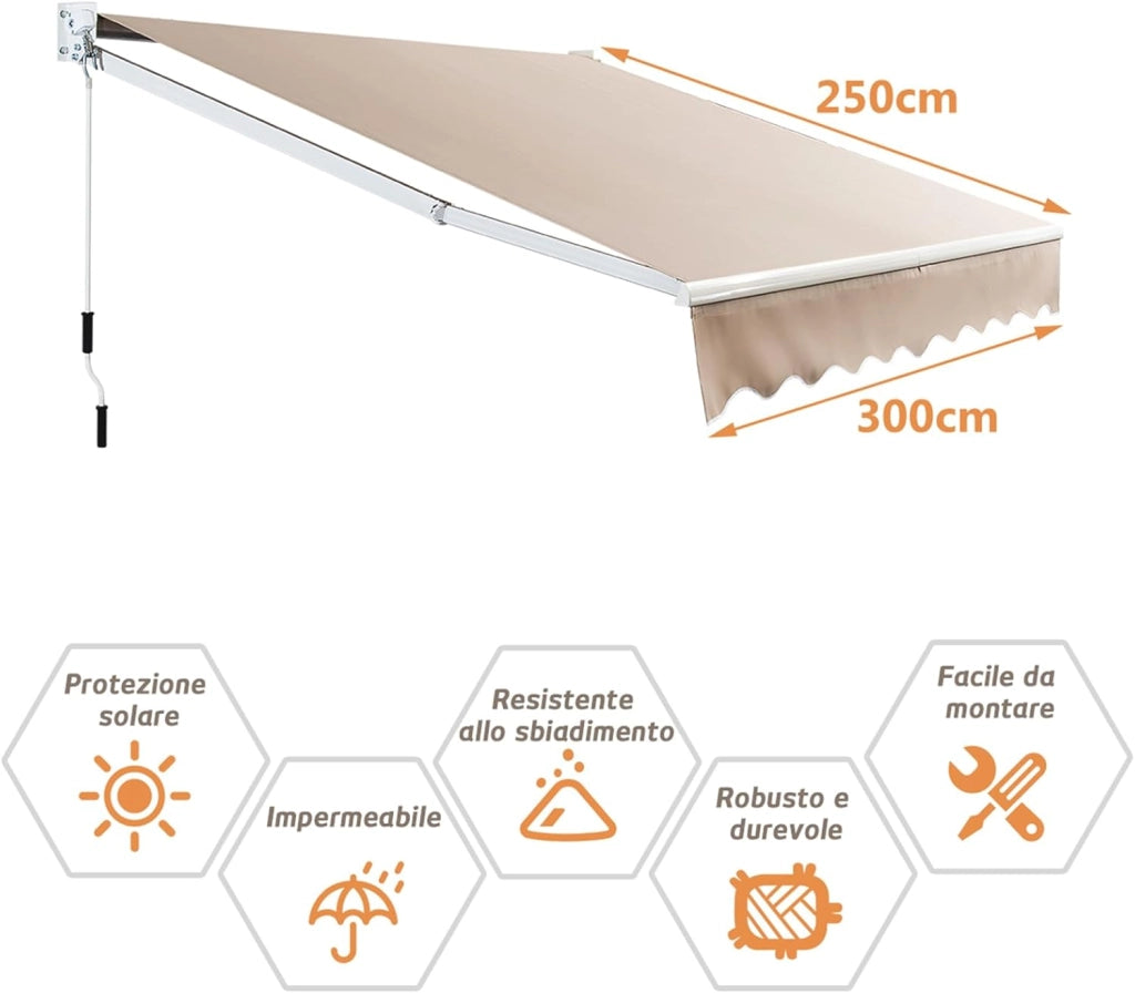 Tenda da Sole per Esterno Avvolgibile, Tenda da Sole a Bracci Estensibili con Telaio in Alluminio e Tettuccio Resistente al Sole e Impermeabile e Manovella (Beige, 295 x 250 cm)