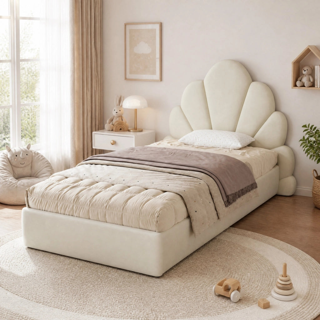 Letto imbottito singolo beige con testiera a petali, 90 x 200 cm