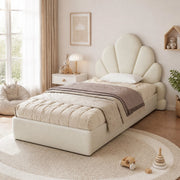 Letto imbottito singolo beige con testiera a petali, 90 x 200 cm