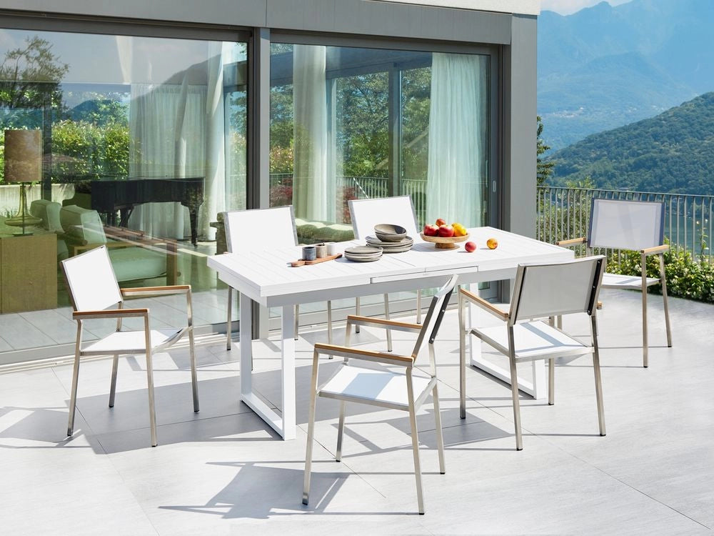 Set da pranzo da giardino Bianco Alluminio Acciaio Inox 6 Posti Mobili da Esterno Moderni