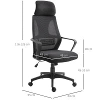 Sedia da Ufficio Reclinabile con Poggiatesta e Supporto Lombare, in Poliestere, 64x55x116-126 cm, Nero