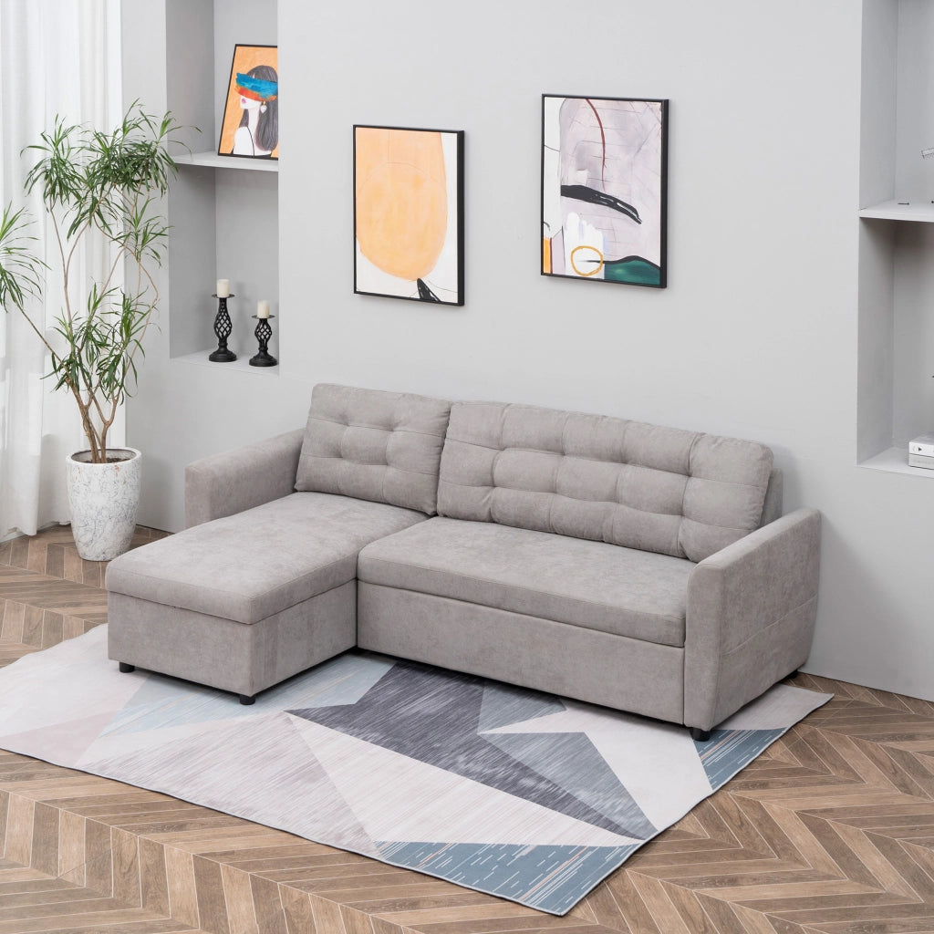 Divano Letto 3 Posti con Chaise Longue e Contenitore in Tessuto Grigio ¨C Zephmum ¨C 217x134x85