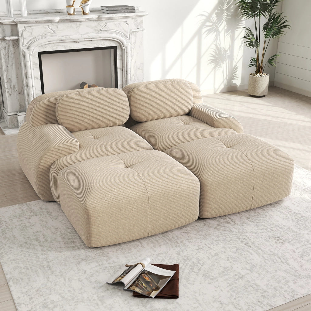 divano angolare modulare senza struttura; schiuma 32D; braccioli curvi; in velluto a coste beige