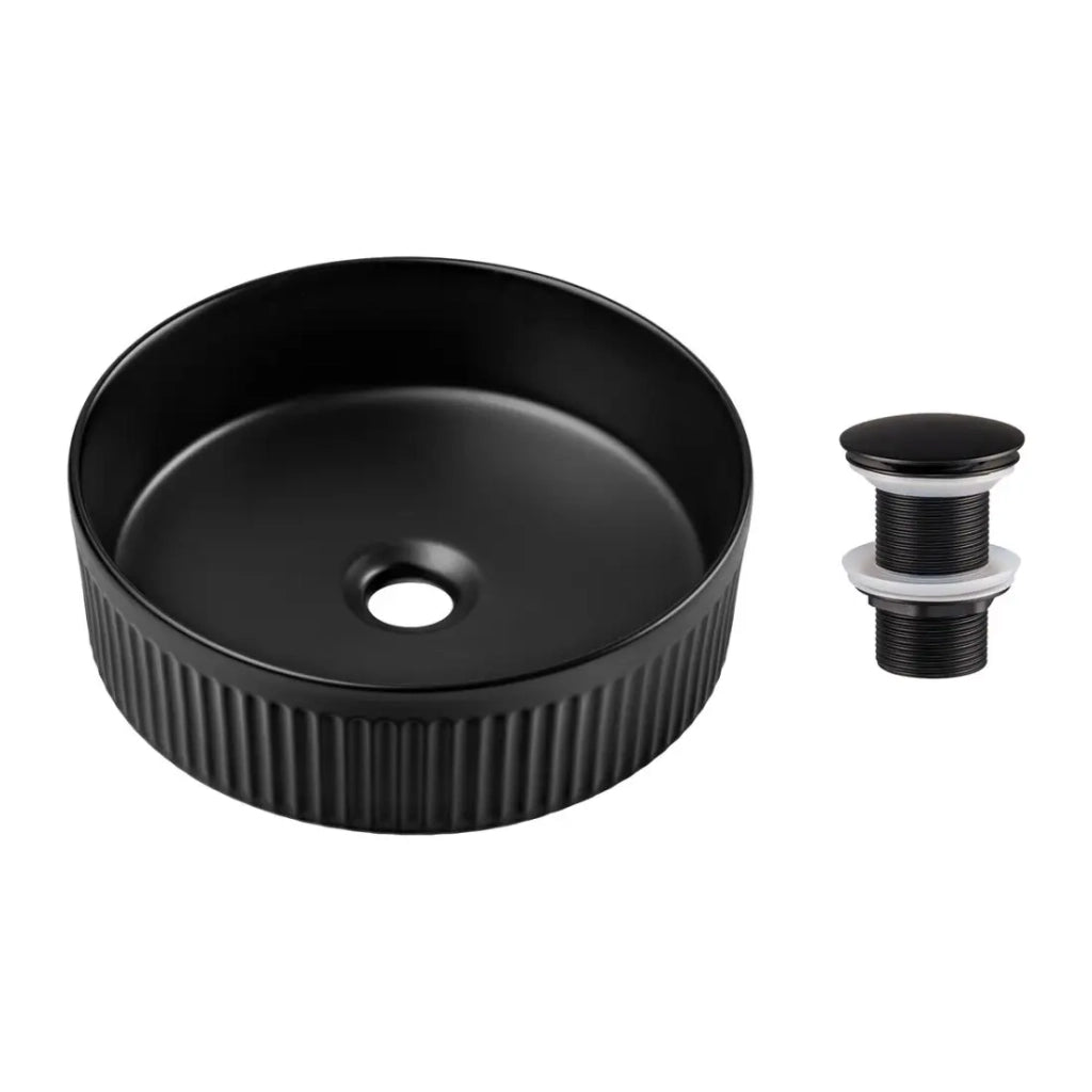 Lavabo da appoggio rotondo 36 cm nero opaco con piletta clic-clac nera inclusa