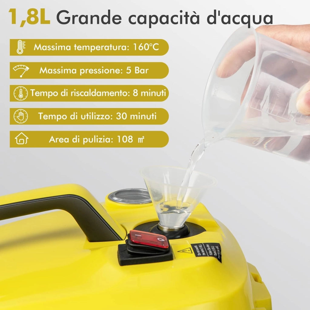 2000W Pulitore a Vapore, Macchina per Pulizia Rotante con 13 Accessori, Capacità d'Acqua di 1,8L, Macchina a Vapore Multiuso per Tappeti Finestre Vetri e Tende (Giallo)