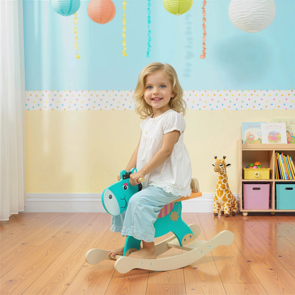 Cavallo a Dondolo a Forma di Asino per Bambini con Base Larga. in Legno. 59x27x43 cm. Verde Scuro e Arancione
