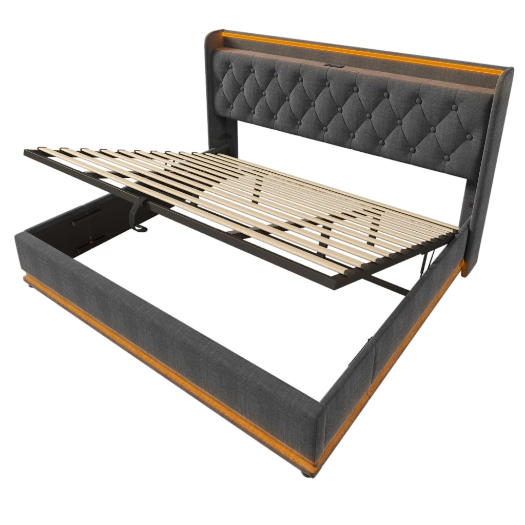 Letto imbottito 180x200 cm grigio in lino con LED; testiera con USB e vano contenitore idraulico