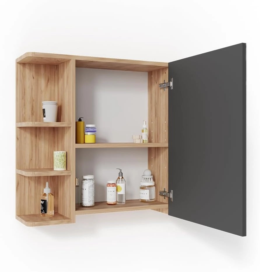 Specchio contenitore bagno Fynn, Quercia dorata, 79.6 x 64 cm, con specchio e ripiani aperti per montaggio a parete