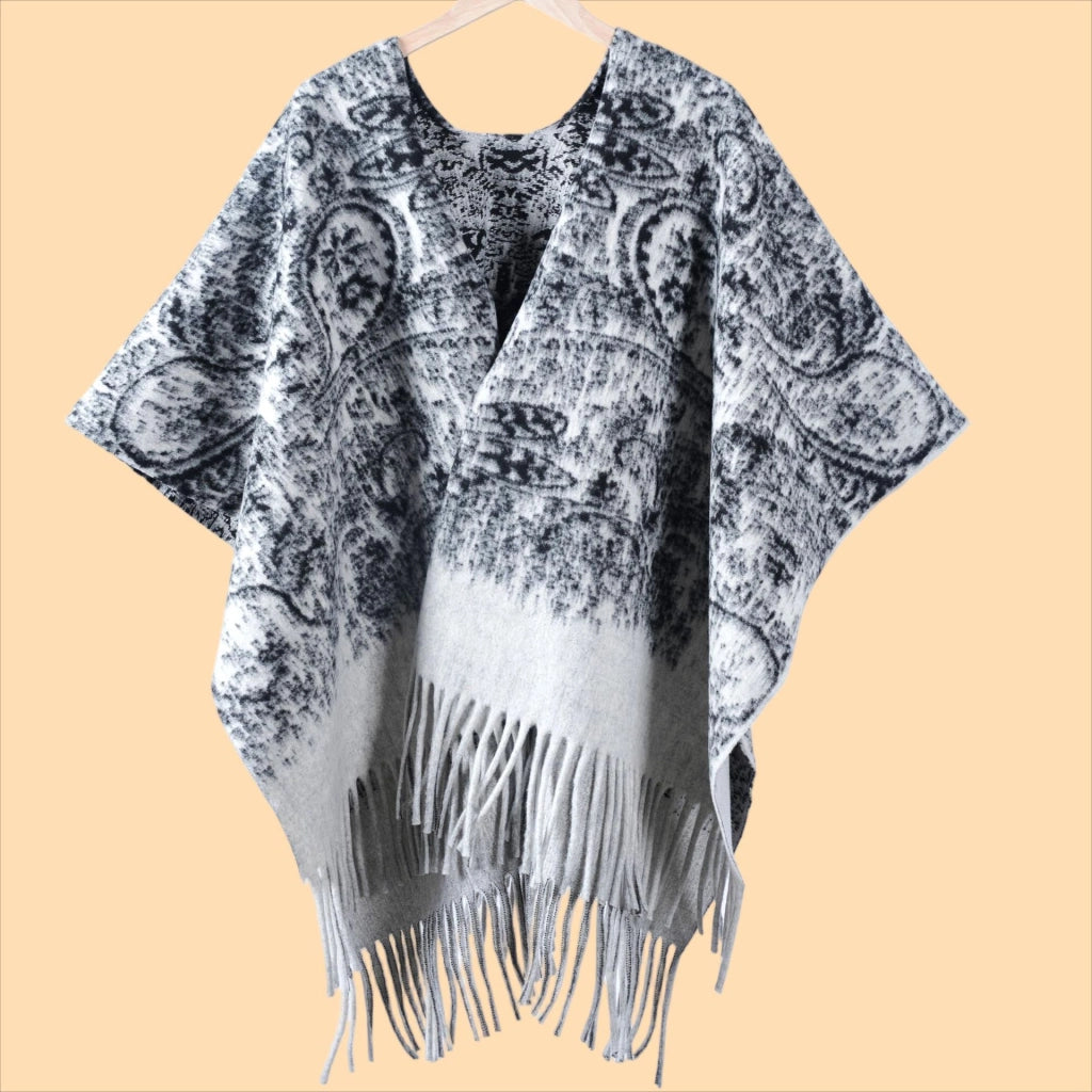 Sciarpa/mantella da donna double-face spessa con stampa, nappe e spacchi in stile paisley vintage - Mantella calda da viaggio