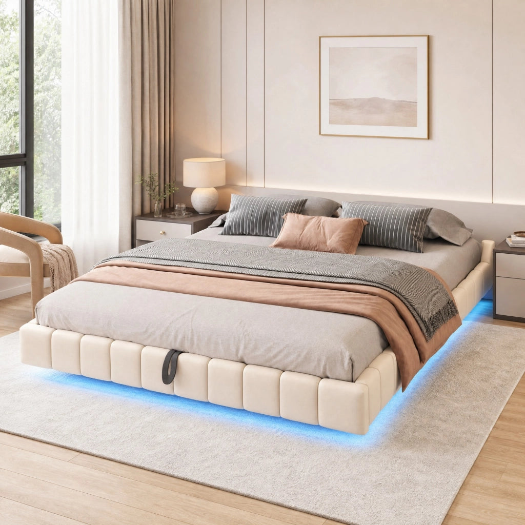 Letto matrimoniale sospeso imbottito 180x200 cm con contenitore; LED; beige in lino