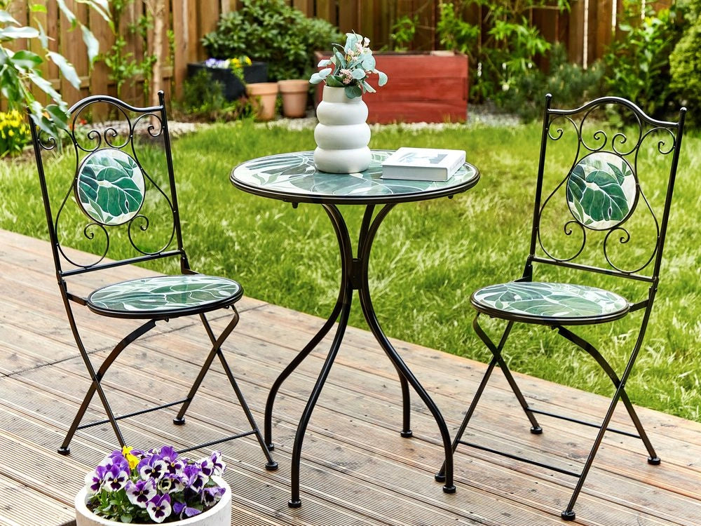 Set bistrot da giardino in metallo nero con motivo a mosaico verde e struttura in ferro stile vintage