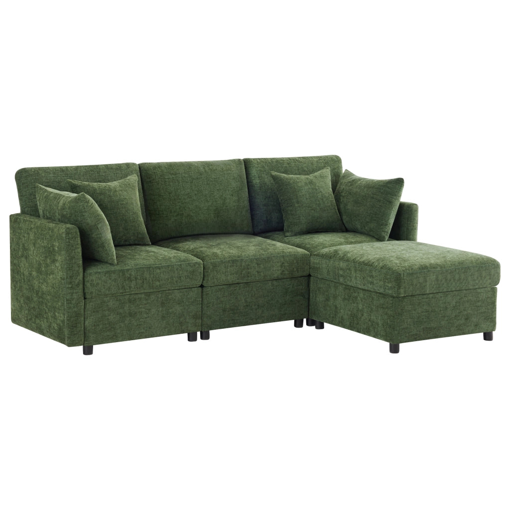 Divano angolare modulare con pouf mobile e 4 cuscini in chenille per soggiorno e ufficio verde 216 × 161 × 81 cm