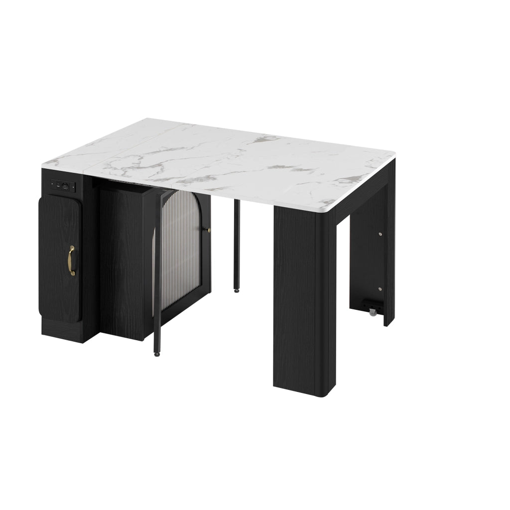 Carrello da cucina con Tavolo allungabile; 3 Scomparti; Ruote; LED e Presa; MDF Vetro; Bianco Nero