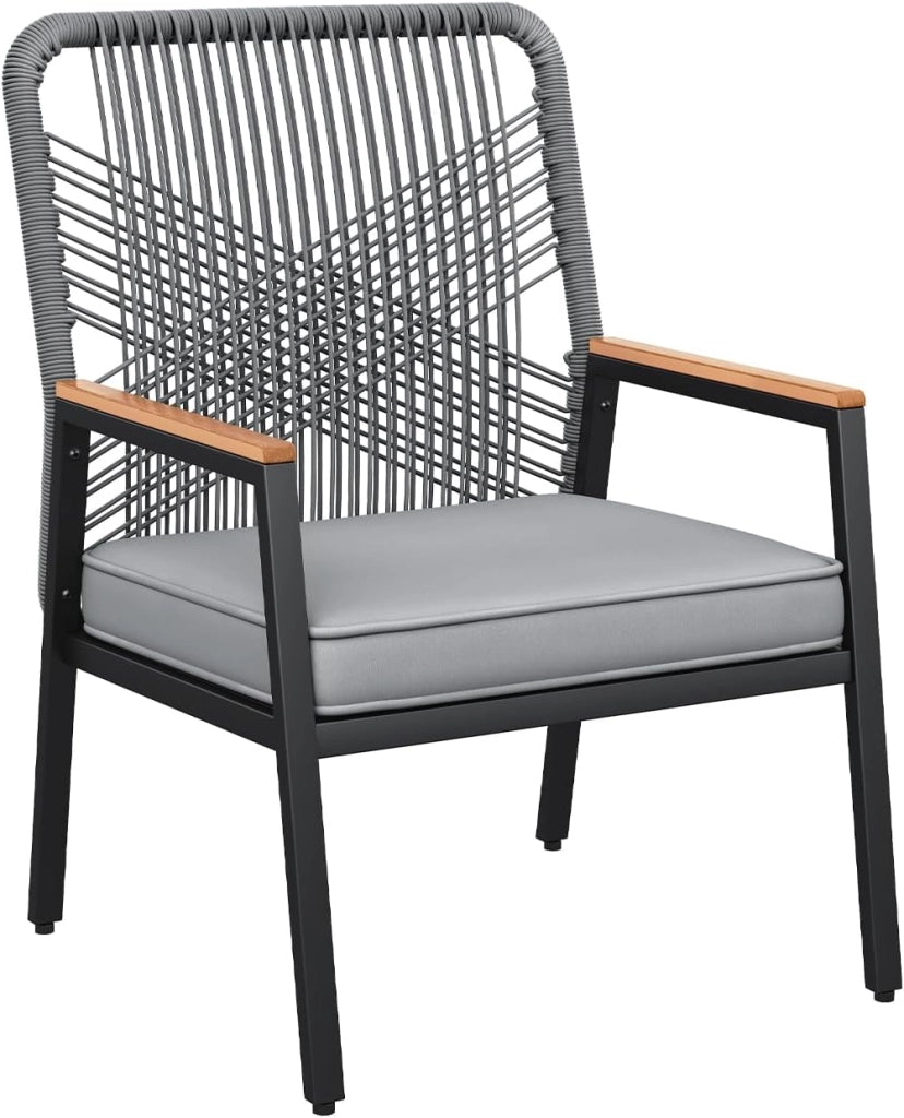 Sedie da giardino in rattan, Set da 1, Sedie da patio resistenti alle intemperie, Sedie da balcone in metallo, Portata massima 160 kg, Braccioli in WPC, Per patio, giardino e veranda, Grigio