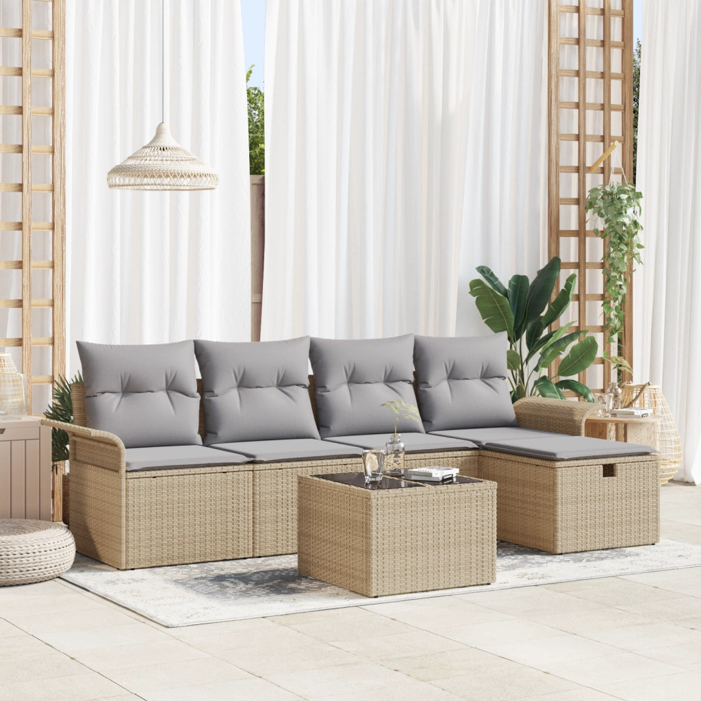Set Divano da Giardino 6 Pezzi con Cuscini Beige Polyrattan
